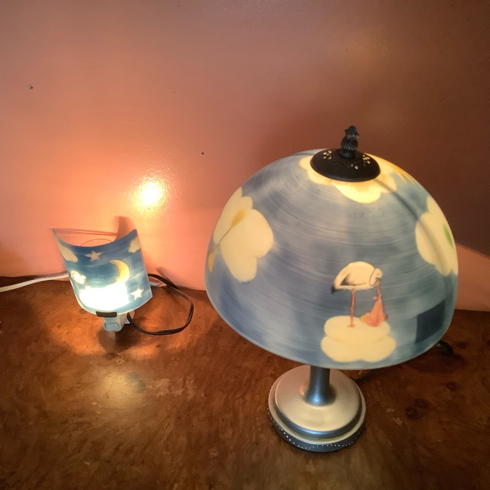 Whimsical Blue Cloud Nursery Lamp 15” with Stork Motif Matching Night Light
